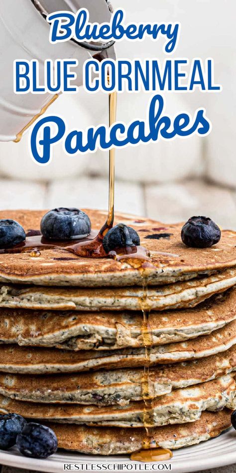 Blueberry cornmeal pancakes are light and fluffy with a sweet, nutty flavor. Make them with blue cornmeal for a pretty color! Recipes Using Blue Cornmeal, Country Breakfast Recipes, Blue Cornmeal Pancakes, Blueberry Cornmeal Pancakes, Blue Corn Pancakes, Grits Recipes, Blue Cornmeal, Cornmeal Recipes, Cornmeal Pancakes