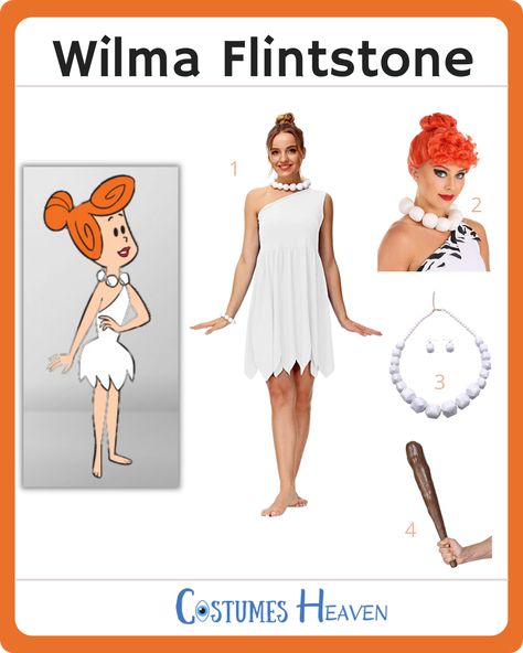 Try out the Wilma Flintstone costume and be ready to party it up in the Stone Age! Keep the Flintstone theme going for Halloween and you are sure to stand out as an iconic look. #WilmaFlintstone #WilmaFlintstonecostume #TheFlintstones #cosplay #Halloweencostume #costumesheaven Wilma Flintstone Cosplay, Flint Stones Halloween Costumes, Wilma Flintstone Makeup, Wilma Flintstone Costume Diy, Diy Wilma Flintstone Costume, Wilma Flintstone Hair, Fantasia Flinstones, The Flintstones Costumes, Flintstone Theme