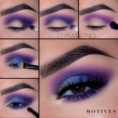 How fun is this blue and purple smokey eye from @elymarino ?! See how she got this glam colorful look: 1.Begin by blending “After Party” slightly above the lid 2.Taking “Deep End” blend in the crease, from inner to outer corner 3.With “Obsession” shadow blend in the outer corner of the eyes 4.Pat “Rain Check” overlapping slightly with “Obsession” followed by “Fiction” and “Illusion” in the inner corner of the eyes 5.Line the lower water line with “Electric” eye khol and smudge out using “R... Teknik Makeup, Make Up Designs, Purple Smokey Eye, Kohl Eyeliner, Purple Eye Makeup, Makeup Tutorial Eyeshadow, Purple Makeup, Eye Makeup Steps, Beautiful Eye Makeup