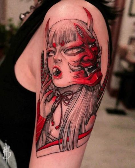 Black And Red Tattoo, Oni Mask Tattoo, Geisha Tattoo Design, Oni Tattoo, Hannya Mask Tattoo, Hannya Mask, Samurai Tattoo Design, Demon Tattoo, Wicked Tattoos