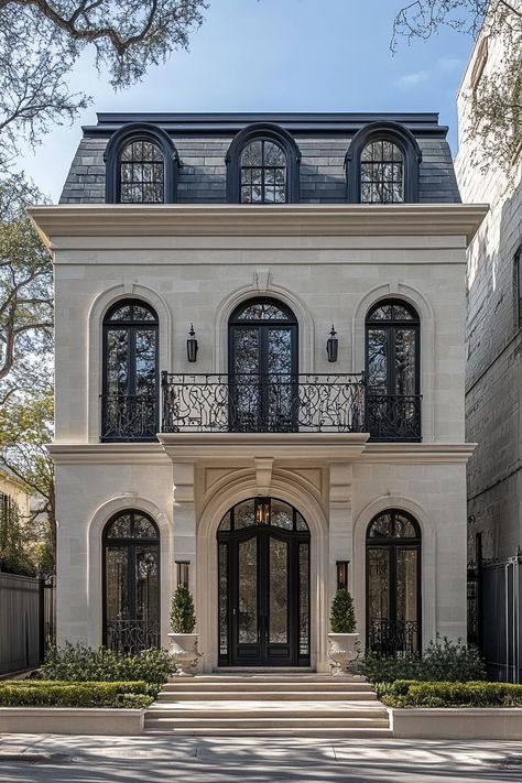 60 Big Houses in Big Style 3 Stories House Design, Modern Chateau House, Modern French Chateau Exterior, French Villa Exterior, Steak Restaurant Design, Modern Castle House, Big House Aesthetic, French Chateau Exterior, French House Design