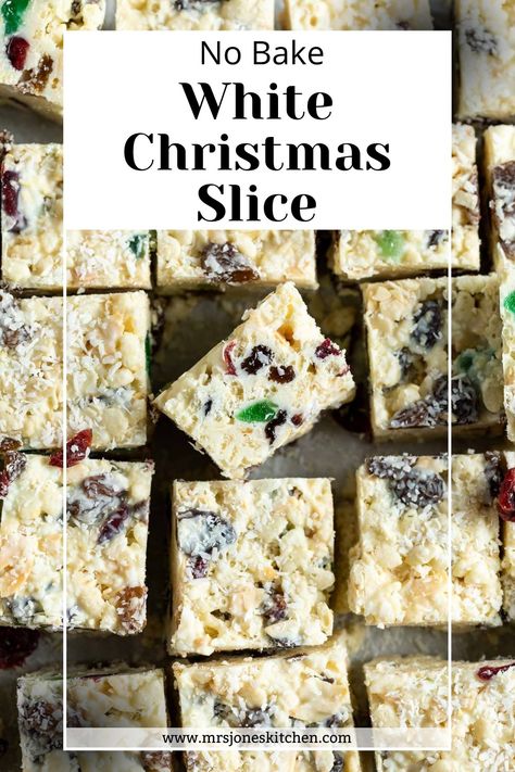 White Christmas Slice Christmas Baking White Chocolate, White Christmas Recipe With Rice Bubbles, White Christmas Treats, White Christmas Recipe, White Christmas Slice Recipe, Slice And Bake Cookies Christmas, Easy Slice And Bake Christmas Cookies, White Bark Candy Holiday Treats, Rice Bubble Recipes