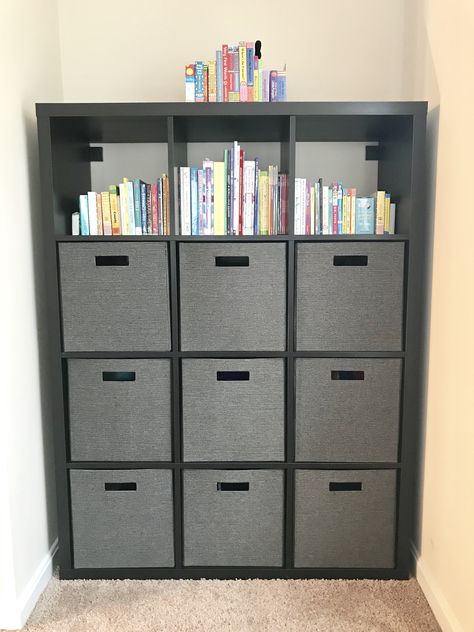 Black-Brown IKEA Kallax with Gray Target Fabric Cube Great for organization in children’s play space Target Fabric, Kallax Ideas, Chocolate Cube, Ikea Kallax, Cube Shelves, Kallax Ikea, Play Space, Baby Proofing, Room Makeover