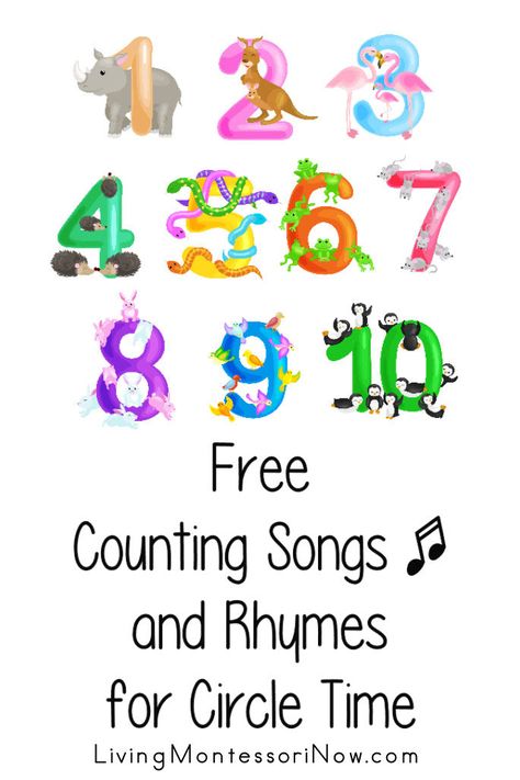 Free counting songs to 5, 10, 20, 30, 50, and 100 for any season for teachers, caregivers, and parents; YouTube videos plus songs and fingerplays with lyrics - Living Montessori Now Number Songs For Toddlers, Number Songs For Kindergarten, Counting To 5, Skip Counting Songs, Toddler Circle Time, Counting Rhymes, Preschool English, Montessori Math Activities, Number Song