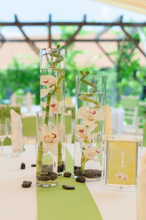 Bamboo and Orchids - Themed Wedding Centerpiece Zen Wedding Theme, Bamboo Wedding Centerpieces, Bamboo Party Decorations, Bamboo Wedding Decor, Orchid Wedding Centerpieces Simple, Orchid And Greenery Centerpiece, Wedding Table Orchids, Wedding Table Decorations Orchid, Orchid Centrepiece