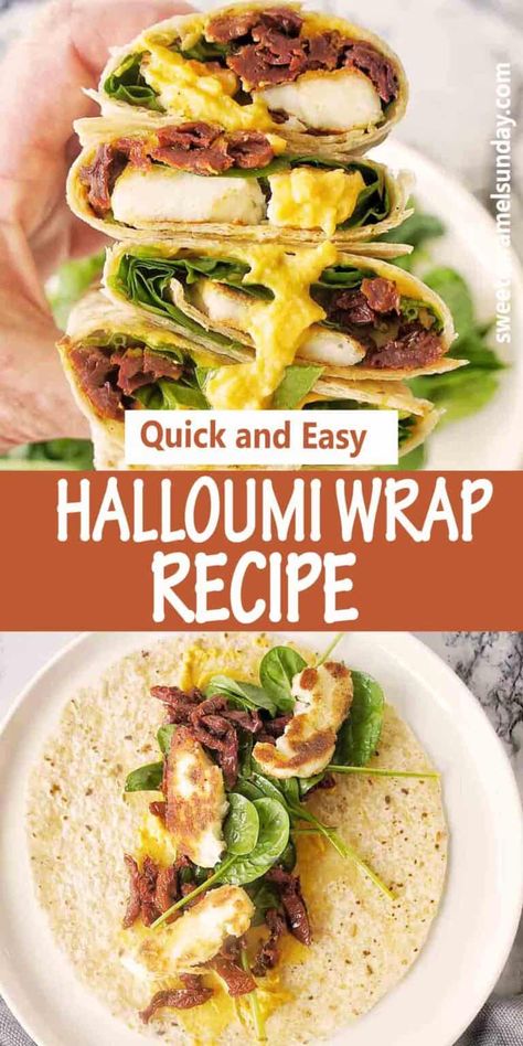 Healthy quick easy Halloumi Wrap recipe that takes minutes to prepare. Perfect for brunch or lunch. #halloumirecipes #wraprecipes @sweetcaramelsunday Halloumi Wrap, Vegeterian Dishes, Haloumi Cheese, Healthy Wraps, Wrap Recipe, Blogger Photos, Food Favorites, Tasty Healthy, Food Group