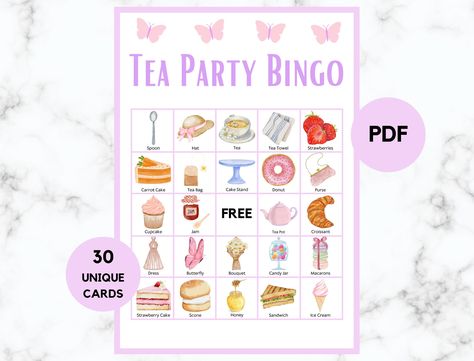 Tea Party Bingo - High Tea Bingo - 30 Tea Party Bingo Cards - Tea Party Game - Tea Party Birthday - Tea Party Printable Bingo - PDF Tea Party Bingo, Free Printable Bingo Cards, Tea Party Games, Free Bingo Cards, Birthday Tea Party, Bingo Template, Bingo Printable, School Event, Tea Party Birthday