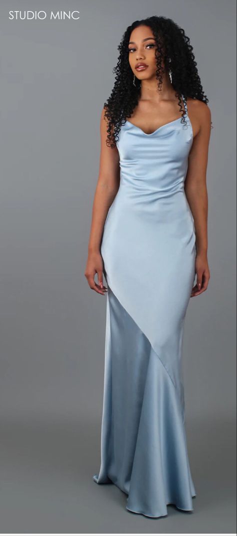 Evening Dresses Baby Blue, Baby Blue Silk Dress Long, Cowl Prom Dress, Prom Dress Blue Light, Classy Prom Dresses Blue, Pale Blue Formal Dress, Baby Blue Dresses Formal, Serene Outfit, Silk Light Blue Dress