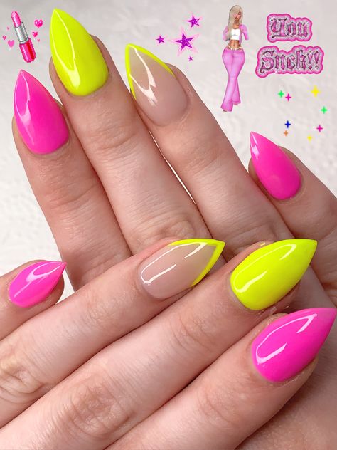 Hot Pink Neon Yellow Nails, Neon Pink And Neon Yellow Nails, Pink And Yellow Neon Nails, Bright Pink And Yellow Nails, Lime Green Nail Ideas, Pink And Neon Yellow Nails, Stiletto Neon Nails, Bright Stiletto Nails, Hot Pink And Purple Nails