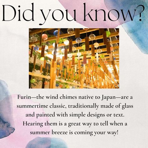 Did You Know - From mid-June to September, the soothing sound of thousands of furin, (Japanese wind chimes), fills the temple grounds. Wind chime festival brings the cool sounds of glass bells to Japan's hot summer ~.~ Japanese Wind Chimes, Basic Japanese Words, Japanese Animated Movies, Glass Wind Chimes, Aesthetic Names, Diy Wind Chimes, Japanese Folklore, Game Background, Smart Things