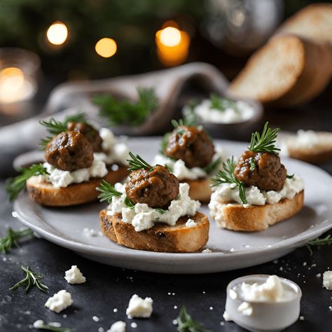 Lamb Meatballs on Crostini with Feta - Basil & Salt Magazine Lamb Crostini, Godmother Duties, Goat Cheese Spread, Basil Salt, Lamb Meatballs, Cocoa Recipes, Roasted Cherry Tomatoes, Ground Lamb, Sliced Baguette