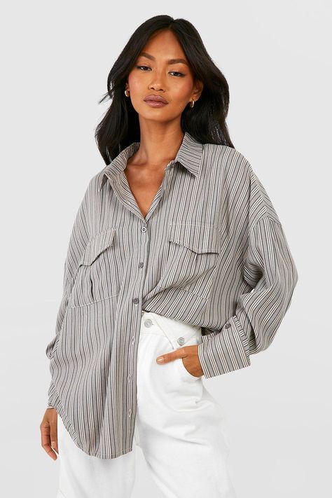 Stripe Pocket Detail Oversized Shirt Graduation Dress Plus Size, Graduation Dresses Long, Short Graduation Dresses, Smart Casual Women, Striped Shirts, Striped Shirt Women, Plus Size Sleepwear, No Limit, Plus Size Skirts