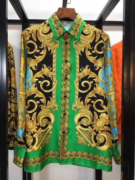 Versace Shirt Outfit Women, Versace Shirt Women, Thom Browne Shirt, Lv Shirt, Versace Design, Versace Shirts, Silk Shirt Blouses, Shirts Streetwear, Versace Style