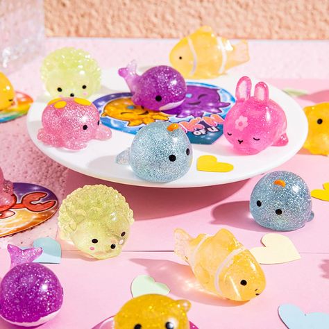 SUPER VALUE PACK: Our Glitter Mochi Toys with Valentine's Day Cards set includes 28 glitter sea animals mochi toys and 28 Valentine's Day gift cards with 7 unique designs. Each Valentine’s card features cute messages that perfectly match the theme of the corresponding mochi toy. UNIQUE DESIGN: The mochi Valentine's card paired with mochi toys adds the perfect Valentine spirit to your home! Crafted from durable and safe materials, each toy is suitable for both kids and adults. These squishies can Gudetama Party, Mochi Fidget, Mochi Toys, Squishy Store, Mochi Squishies, Kids Valentines Cards, Hello Kitty Bathroom, Mochi Squishy, Squishy Toys