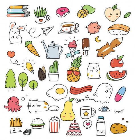 Set of various cute icon in doodle style... | Premium Vector #Freepik #vector #background #abstract-background #food #coffee Doodles Kawaii, Doodles Bonitos, Background Food, Food Doodles, Desain Quilling, Kartu Valentine, Cute Icon, Doodle Icon, Tumblr Stickers