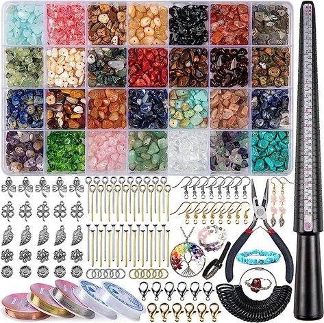 DIY Necklace Bracelet Earing Making Kit includes: approx.1 box of 28 different colors of natural gemstones, 5 different metal pendant（50Pcs), 210Pcs metal accessories, 5 rolls of elastic thread, 1 black pliers, 1 ring sizer mandrel, 1 ring sizer gauge set, 1finger size gauge. Multicolor crystals for jewelry making, professionally polished, This is a great starter kit for jewelry making. Friendship Bracelet Kit, Lomo Card, Earring Kit, Jewelry Making Kits, Bracelet Kits, Jewelry Making Kit, How To Make Rings, Crystal Jewellery, Jewelry Making Tools