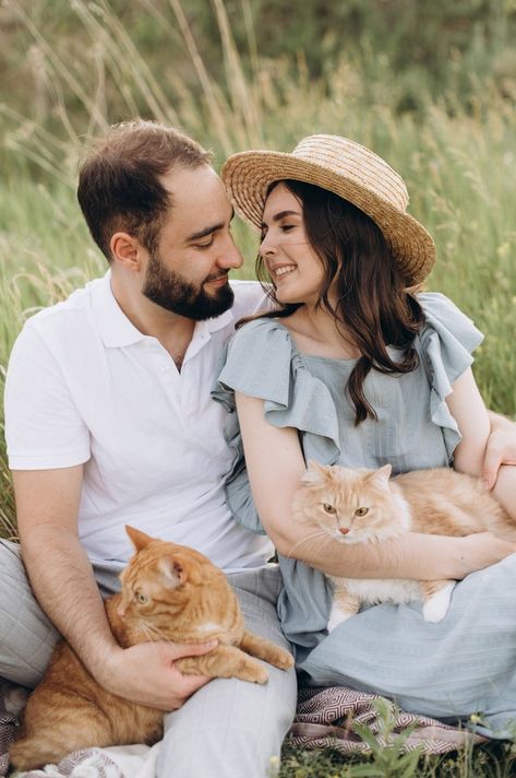 Prenup With Cats, Family Portrait With Cat, Wedding Photos With Cats, Family Photos With Cats, Engagement Photos With Cats, Cat Family Photos, Cat Family Photo, Couple With Cat, Pet Poses