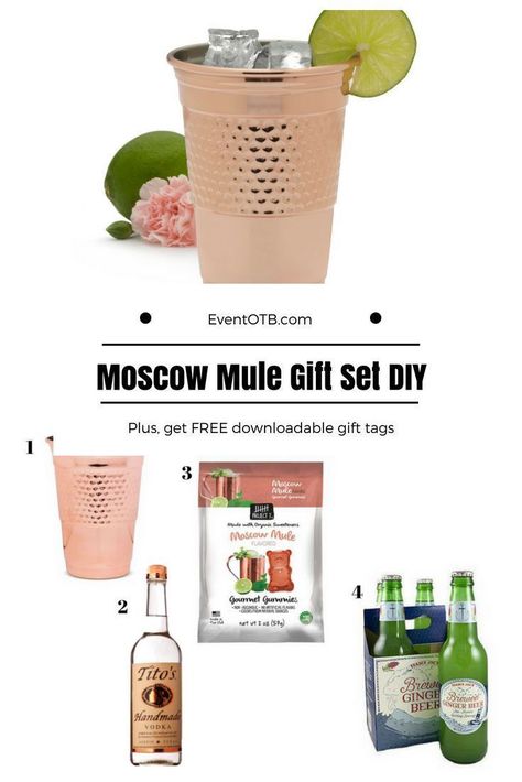 EventOTB.com || Moscow Mule Gift DIY Create a super fun gift box themed around the Moscow Mule. This blog post walks you through the items you'll need to create your gift box. #moscowmule #cocktailgift #giftideasfordrinkers #giftideas #giftbox Mule Gift Basket, Moscow Mule Gift Basket, Moscow Mule Gift Set, Moscow Mule Gift, Alcohol Gift Baskets, Diy Hostess Gifts, Diy Gifts For Girlfriend, Diy Gifts For Dad, Gift Baskets For Women