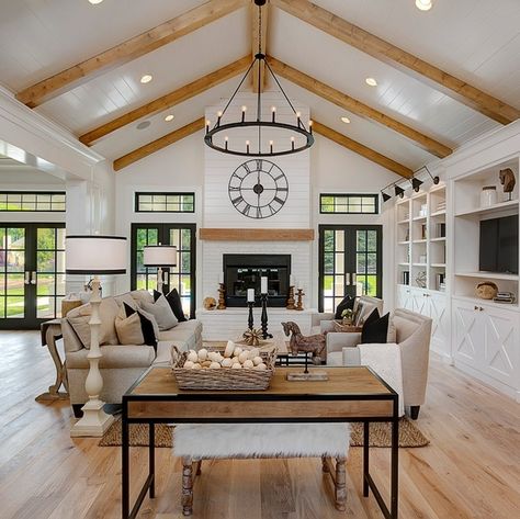 Brick And Shiplap, White Brick Fireplace, Vaulted Ceiling Living Room, Shiplap Fireplace, Modern Farmhouse Living, Modern Farmhouse Home, Modern Farmhouse Living Room, Farmhouse Interior, The Ceiling