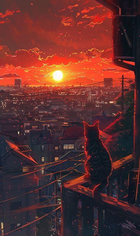 Cityscape Aesthetic, Cat Sunset, Skyline Illustration, Painterly Style, الفن الرقمي, Anime City, Dreamy Artwork, Arte Van Gogh, 1080p Anime Wallpaper