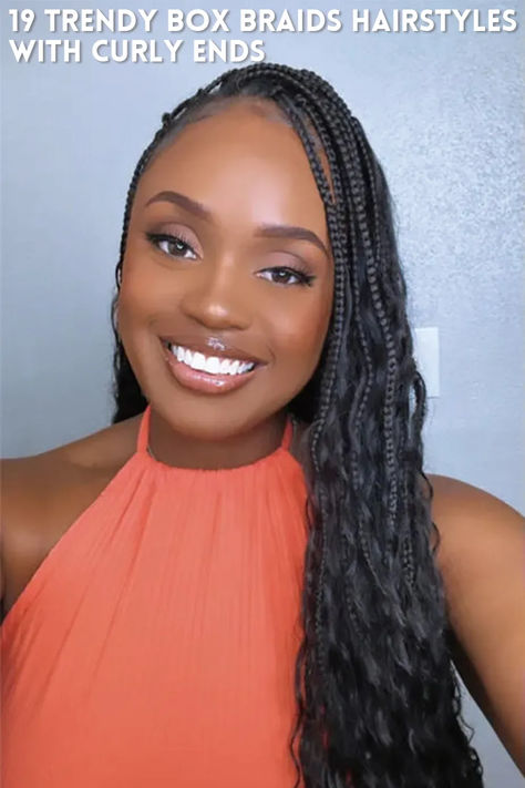 19 Trendy Box Braids Hairstyles with Curly Ends Elegant Box Braids, Trendy Box Braids, Box Braids With Curly Ends, Braids With Curly Ends, Medium Box Braids, Protective Hairstyle, Jumbo Braids, Micro Braids, Loose Ends