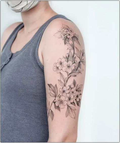 Apple Blossom Tattoos, Honeysuckle Tattoo, Jasmine Tattoo, Black And White Flower Tattoo, Sakura Tattoo, Wrap Tattoo, Flower Tattoo Back, Flower Tattoo Arm, Skeleton Hand Tattoo