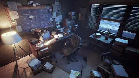 Ubisoft Toronto NXT showcase 2016_The Detective's office, Le Zhang on ArtStation at https://www.artstation.com/artwork/2yraY Office Illustration Art, Noir Detective Office, Office Concept Art, Detective Room, Noir Office, Detective Office, Office Concept, Noir Detective, Detective Game