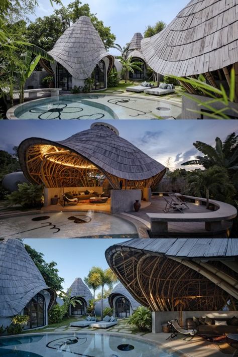 The Bandido Bali complex features two unique houses that offer a distinct experience in design, communication, culture, and architecture. Modern structures often lack a connection to nature and can feel uninspiring and rigid, but these houses aim to break away from conventional box-like designs to create an alternative way of living. By challenging established norms and using architecture to inspire, the project creates an environment where tradition and contemporary styles blend seamlessly, Balinese Architecture, Bali Architecture, Lodge Design, Tropical House Design, Bamboo Architecture, Architecture Modern, Bamboo Art, Architecture Model Making, Tropical House