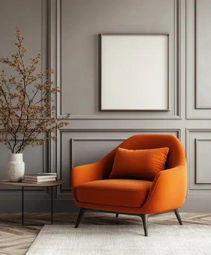 ↑↑↑ Larger size on website 🔸 The image shows a living room interior with a single, plush orange armchair situated in front of a l Red Orange Living Room, Orange Living Room, Orange Armchair, Light Gray Rug, Orange Chair, Living Room Orange, Natural Decor, Light Grey Rug, Neutral Living Room