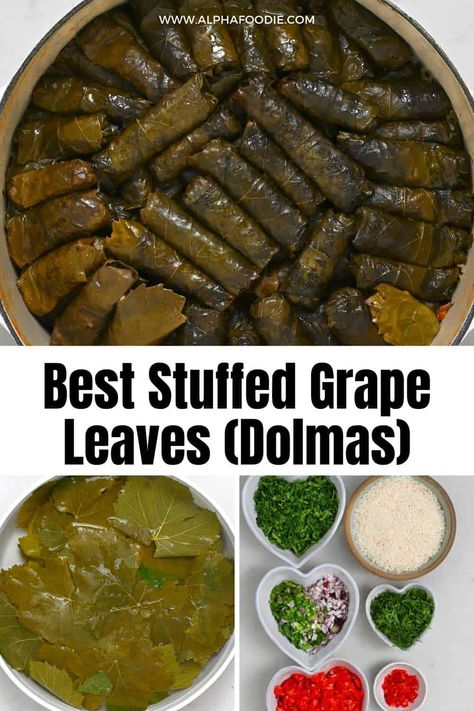 A flavorful recipe for stuffed grape leaves (dolmas), filled with rice and fresh veggies, and simmered in zesty lemon water. Follow my easy steps and watch the video to quickly master the art of making dolmas! Dolmas Recipe Greek, Dolma Recipe, Grape Leaves Recipe, Stuffed Grape Leaves, Stuffing Ingredients, Lebanese Food, Egyptian Food, Mediterranean Food, Lebanese Recipes