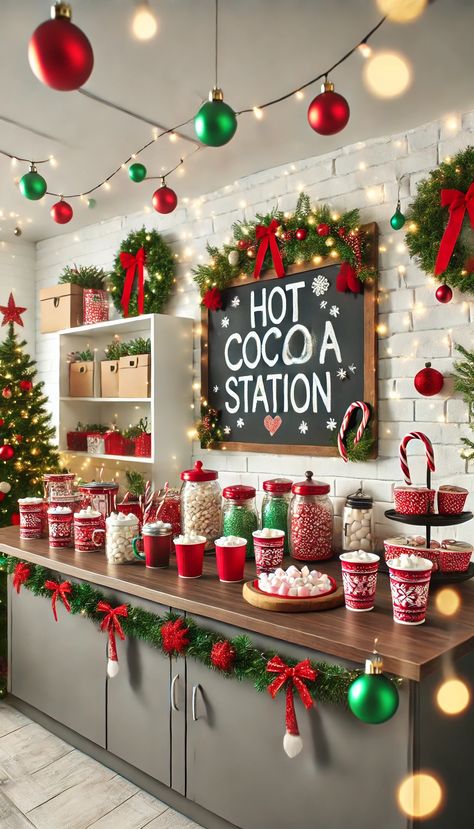 🌟 20+ Christmas Office Decorating Ideas You Haven't Tried Yet Classroom Christmas Party Breakfast, Break Room Christmas Decorating Ideas, Hot Cocoa Bar At Work, Christmas Lunch Decor Ideas, Salon Christmas Open House Ideas, Christmas Dessert Station, Christmas Teacher Lounge Ideas, Office Hot Chocolate Bar, Breakroom Christmas Decor