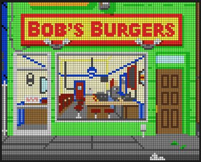 Perler Bead Bob's Burgers Pixel Art Project by Kyle McCoy - Pixel Art Shop Bobs Burgers Crochet Blanket, Bobs Burger Cross Stitch, Bobs Burgers Alpha Pattern, Bobs Burgers Crochet, Crochet Grid, Nerd Crafts, Perler Ideas, Bob's Burgers, Pixel Crochet