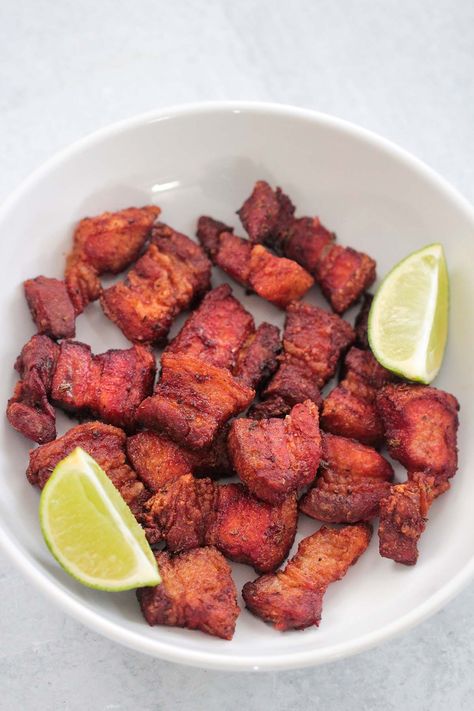 Air Fryer Pork Belly (Latin Style Chicharrones) - Cooked by Julie Air Fryer Chicharrones, Chicharones Recipe, Chicharrones Recipe, Air Fryer Pork Belly, Pork Belly Bites, Air Fryer Pork, Pork Seasoning, Haitian Food, Air Fryer Cooking Times