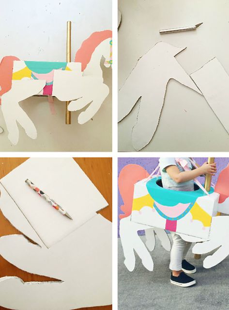 Carousel Horse Costume DIY | A Joyful Riot Carousel Horse Costume, Horse Costume Diy, Carousel Costume, Diy From Cardboard, Kids Horse Costume, Diy Girls Costumes, Boxing Halloween Costume, Horse Costume, Cardboard Costume