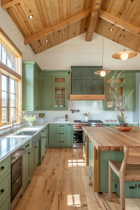 Green And Wood Kitchen, Earthy Kitchen, Cabin Vibes, Ranch Kitchen, Green Kitchen Cabinets, Cabin Kitchens, Rustic Farmhouse Kitchen, Dream Kitchens, Decorative Ideas