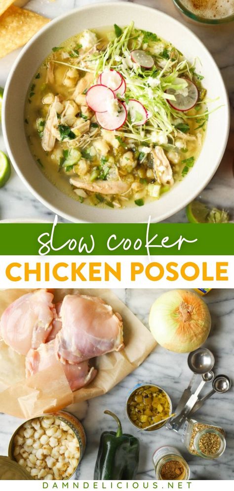 This slow cooker dinner idea is a take on the classic Mexican stew! Simmered with hominy and green chiles, this chicken posole recipe is so good. There's nothing like coming home to this easy weeknight meal! Chicken Posole Verde Crockpot, Crockpot Recipes Comfort Foods, Crockpot Posole Chicken, Green Chile Chicken Posole, Pozole Crockpot Recipe, Posole Verde Chicken, Crockpot Chicken Pozole, Crockpot Posole, Crockpot Pozole