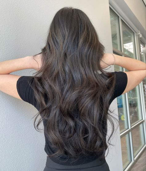 Long Brunette Hair Pale Skin, Long Cool Toned Brown Hair, Dark Natural Balayage, Dark Brunette Cool Tones, Dusty Dark Brown Hair, Dark Brown Inspo Hair, Dark Brown Dyed Hair Ideas, Brown Hair Colors On Black Hair, Pretty Dark Brown Hair Colors