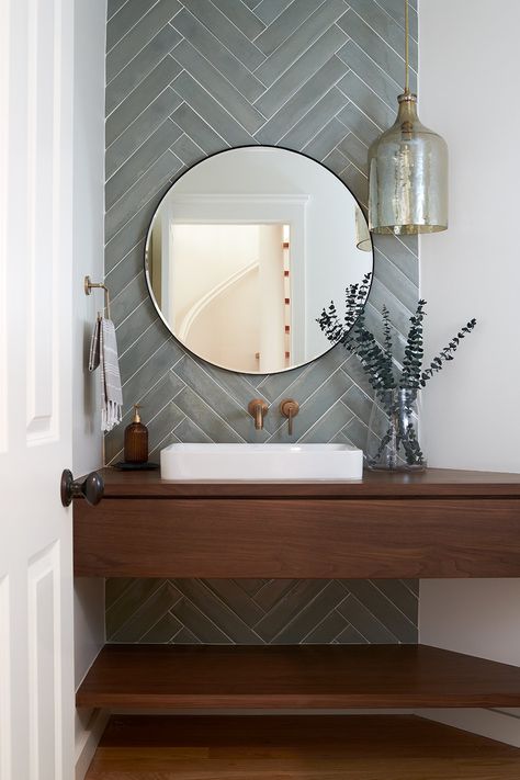 Wood Floor Powder Bathroom, Accent Tile Wall Powder Room, Guest Bathroom Tile Ideas Floor, Powder Room Hanging Light, Powder Bath Accent Wall, Tile Wall In Powder Room, Tiled Half Bathroom Walls, Modern Bathroom Tiles Design Ideas Feature Wall, Powder Bathroom Tile Wall