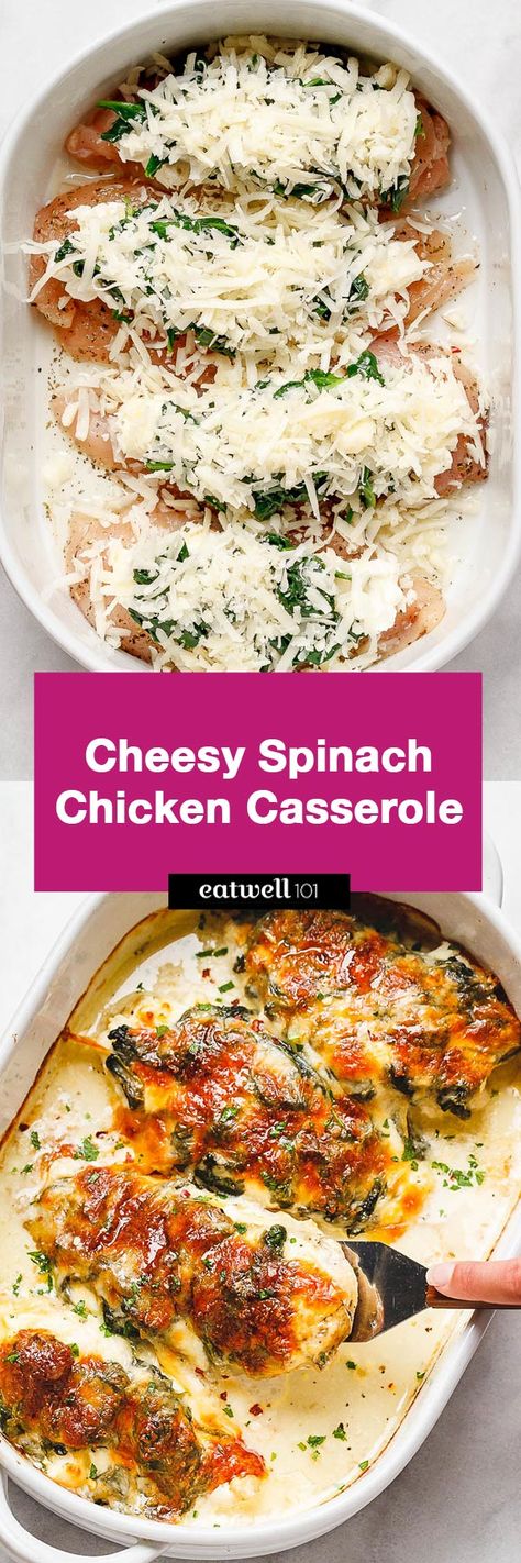 Spinach Chicken Casserole with Cream Cheese and Mozzarella - #eatwell101 #recipe All of the delicious flavors of cream cheese, spinach, and chicken are packed into this delicious dinner recipe!#chicken #Casserole #spinach #CreamCheese #Mozzarella #dinner #recipe - #recipe by #eatwell101® Cheesy Spinach Chicken, Chicken Casserole With Cream Cheese, Spinach Chicken Casserole, Casserole With Cream Cheese, Spinach Chicken, Cheesy Spinach, Cheese Spinach, Spinach Stuffed Chicken, Chicken Recipes Casserole