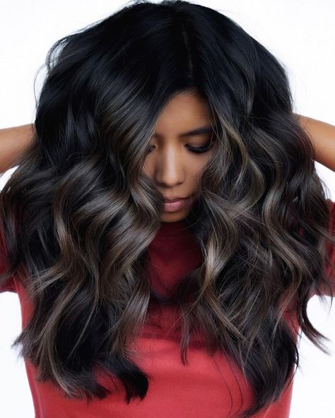 Black Hair with Partial Ash Brown Balayage Mushroom Brown Hair, Hair Color Guide, Brown Hair Color Ideas, Mushroom Hair, Wispy Hair, Mushroom Brown, Black Hair Balayage, Dark Brunette Hair, Chocolate Hair