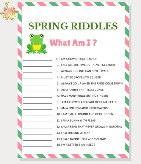 "Spring Riddles, What Am I Riddles, Riddles for Kids, Easter Riddles, Spring Games, Springtime Activity, Party Games, Spring Riddle Me This Game, Printable Spring Riddles, Spring Games for Kids, Spring Activity WHAT YOU GET 1 Printable Spring Riddles, What Am I Riddles Template in 5\" × 7\" Size 1 Answer Key Template  HOW IT WORKS: After purchase, you will receive a download link where you will access your PDF files in 5 × 7 inches size that you can print at home or at the printing shop. You will also receive an email from Etsy with your download(s) or feel free to log in to your account to access your downloads at any time.  It prints beautifully! --THIS IS A DIGITAL DOWNLOAD. NO PHYSICAL ITEM WILL BE SHIPPED TO YOU.  -- THESE ARE NOT EDITABLE FILES. YOU CANNOT CHANGE ANYTHING. PRINT AS I Easter Riddles, Key Template, Ladies Kitty Party Games, School Games For Kids, What Am I Riddles, Riddles For Kids, Spring Activity, Kitty Party Games, Spring Games