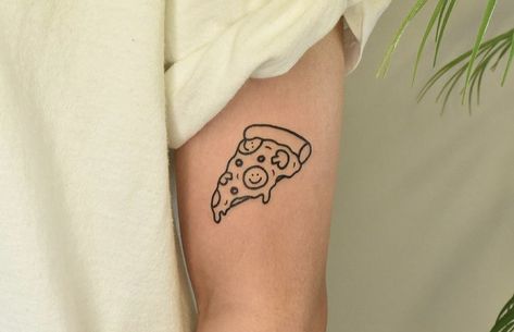 Pizza Tattoo Minimalist, Leg Line Tattoo, Matching Pizza Tattoos, Small Pizza Tattoo, Cereal Tattoo, Pizza Tattoo Design, Pikachu Tattoo Design, Pasta Tattoo, Pizza Tattoo