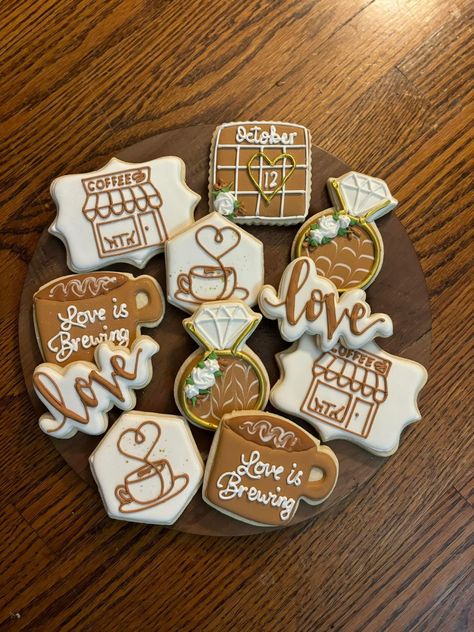 Love Is Brewing Cookies, Love Is Brewing Engagement Party, Love Is Brewing Bridal Shower Ideas, Coffee Bridal Shower, Love Is Brewing, Coffee Gift Basket, Bridal Shower Inspo, Bridal Shower Cookies, Bridal Shower Cakes