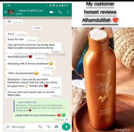 This is a customer review of one of my customers after using this shampoo, their hair was very slikyand shiny. #oriflamegifts #oriflame #letstalk #oriflamepakistan #Heart2Heart #oriflamebeauty #oriflamebysweden #oriflameproducts #milkandhoneygold #shampoo #shinyhair Oriflame Products, Honey Shampoo, Customer Review, Milk And Honey, Shiny Hair, Hair, Quick Saves