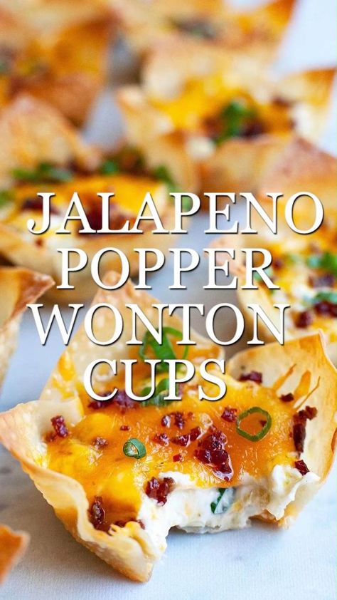 Pin on Appetizer ideas Wonton Cups Appetizers, Jalapeno Wonton Poppers, Wonton Wrapper Recipes, Crispy Wonton, Wonton Cups, Cheese Cheddar, Wonton Recipes, Appetizers Easy Finger Food, Jalapeno Popper