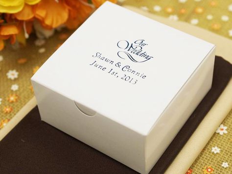 Personalized Cake Box (large emblem) - 100 Count | eFavorMart Wedding Cake Slice Boxes, Wedding Cake Slice, Cake Favor Box, Wedding Cake Favors, Wedding Cake Boxes, Bridal Cake, Wedding Favors And Gifts, Wedding Needs, Cake Boxes