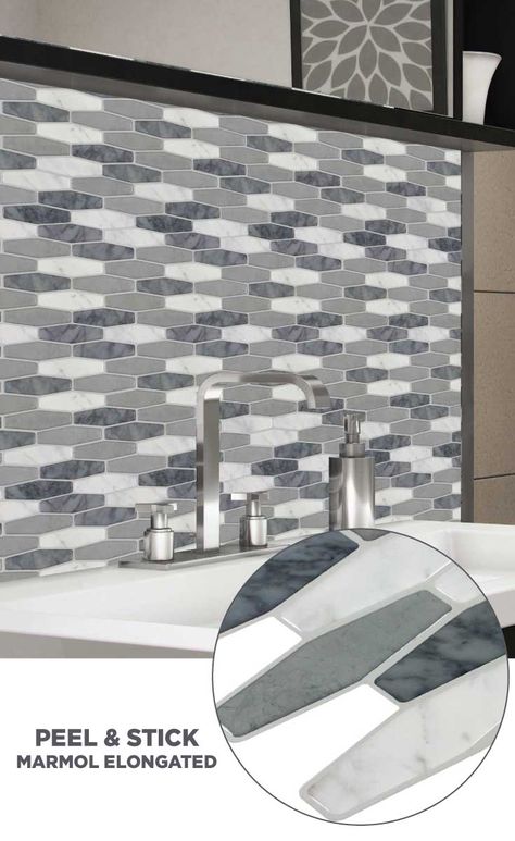 #tile #lowes #mosaics #glassmosaics #backsplash PS106PEEL1010 Available at Lowe’s and Lowes.com Yellow Grey Bathroom, Vinyl Wall Tiles, Patterned Bathroom Tiles, Pattern Stone, Kitchen Diy Makeover, Apartment Makeover, Tile Covers, Kitchen Backsplash Designs, Modern Tiles