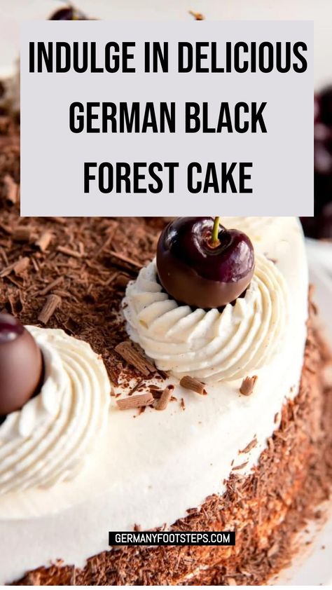 German Black Forest cake topped with whipped cream and chocolate-covered cherries. Traditional Black Forest Cake, German Dessert Recipes, Chocolate Cake Homemade, German Black Forest Cake, Black Forest Cake Easy, German Cakes Recipes, German Dessert, German Black Forest, Baking Skills