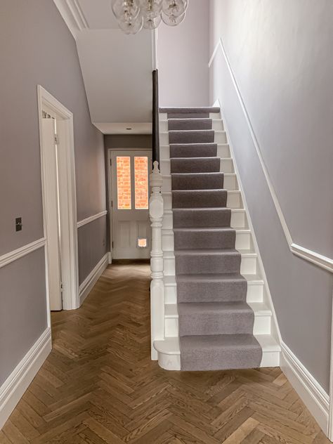 Oak parquet flooring installed in the hallway of a Victorian Home in Tonbridge, Kent. Whole house renovation. For more information, contact us: info@balticstarbuild.co.uk Parquet Flooring Entrance Hall, Oak Floor Hallway, Hallway With Parquet Flooring, Parquet Flooring Hallway Entrance, Oak Hallway, Parquet Floor Hallway, Parquet Hallway, Parquet Flooring Hallway, Hall Flooring Ideas