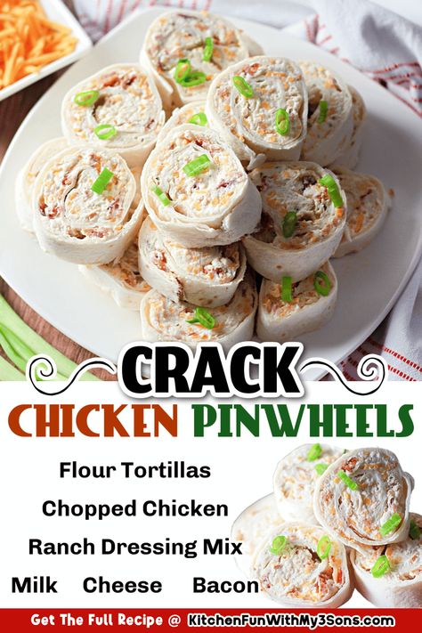 When you need a super quick and easy snack or appetizer, make Crack Chicken Pinwheels. Chicken, bacon, cream cheese, ranch dressing seasoning, and cheese whipped into a flavorful filling then rolled up in flour tortillas and sliced into rounds; a lot of big flavor packed into these little bites. Ranch Dressing Seasoning, Crockpot Chicken And Gravy, Chicken Pinwheels, Soft Pretzel Recipe, Tortilla Rolls, Homemade Salsa Recipe, Pinwheel Recipes, Kitchen Fun, Snacks To Make